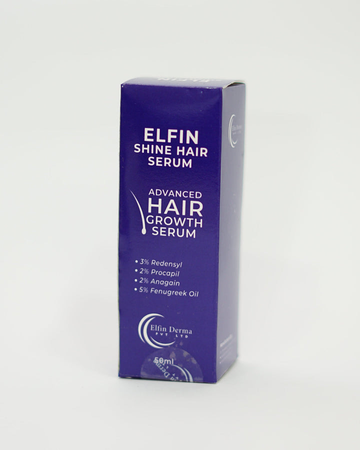 Blue box of Elfin hair serum on a white background