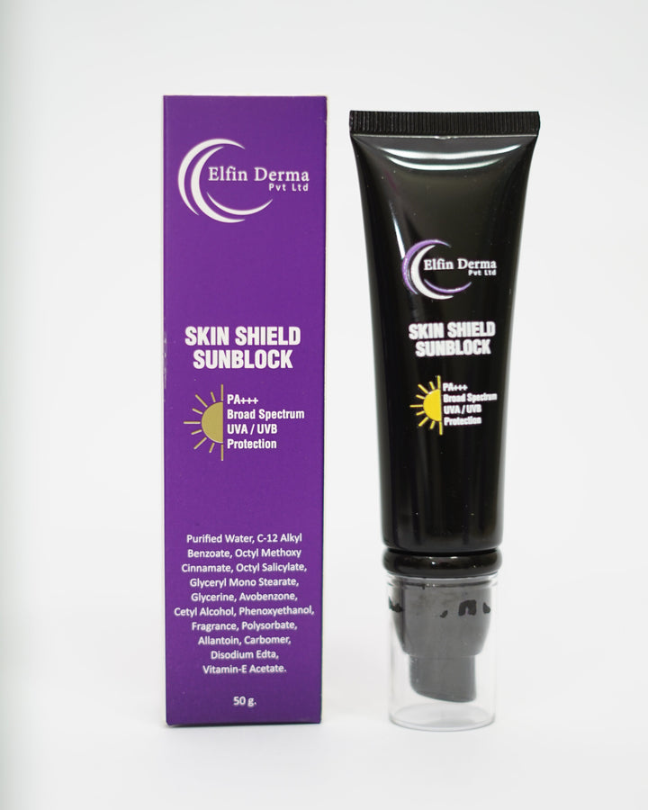 Black tube of sunscreen with purple label on a white background