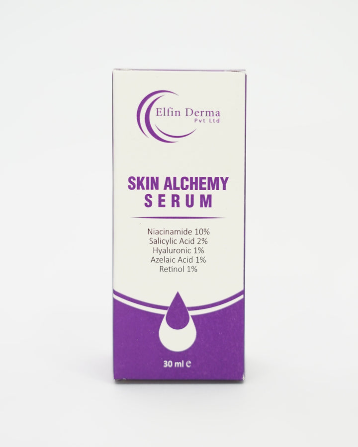 Skincare serum packaging with purple and white design on a light gray background