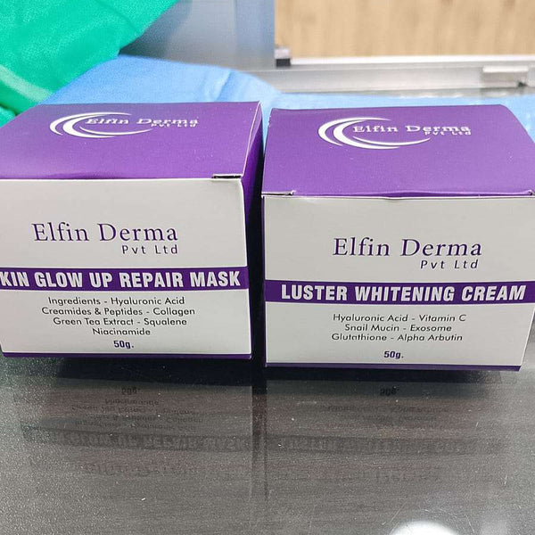Two boxes of Elfin Derma skincare products on a reflective surface.