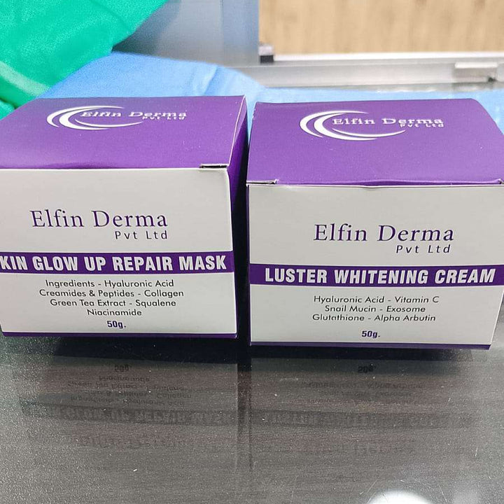 Two boxes of Elfin Derma skincare products on a reflective surface.
